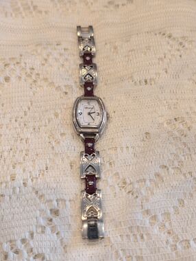 Brighton "Bismarck" Retired Heart Watch - Silver & Burgundy Leather - WORKING